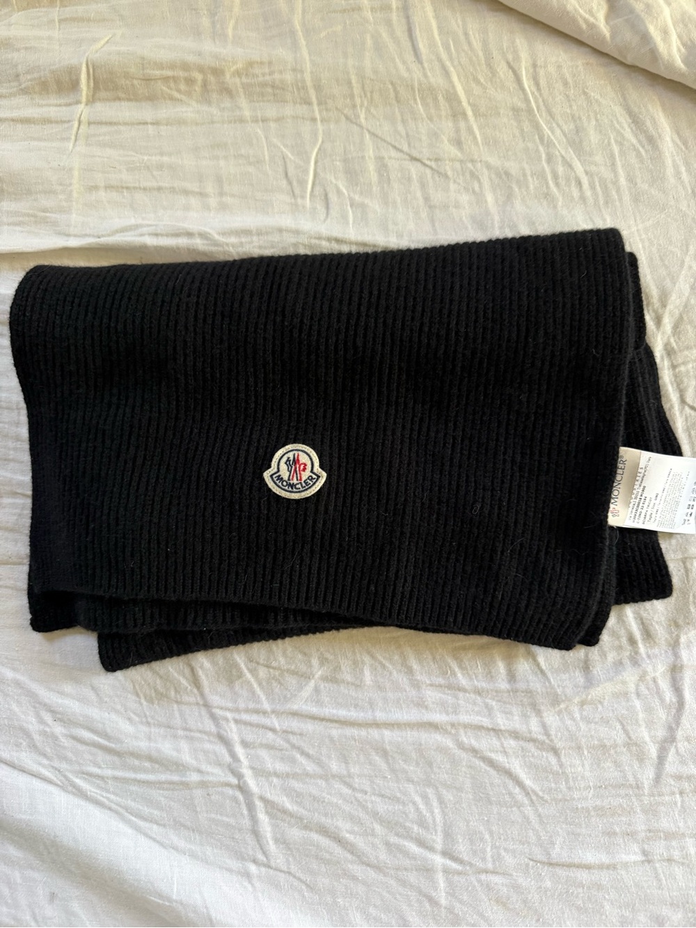 Moncler Black Wool Logo Patch Scarf